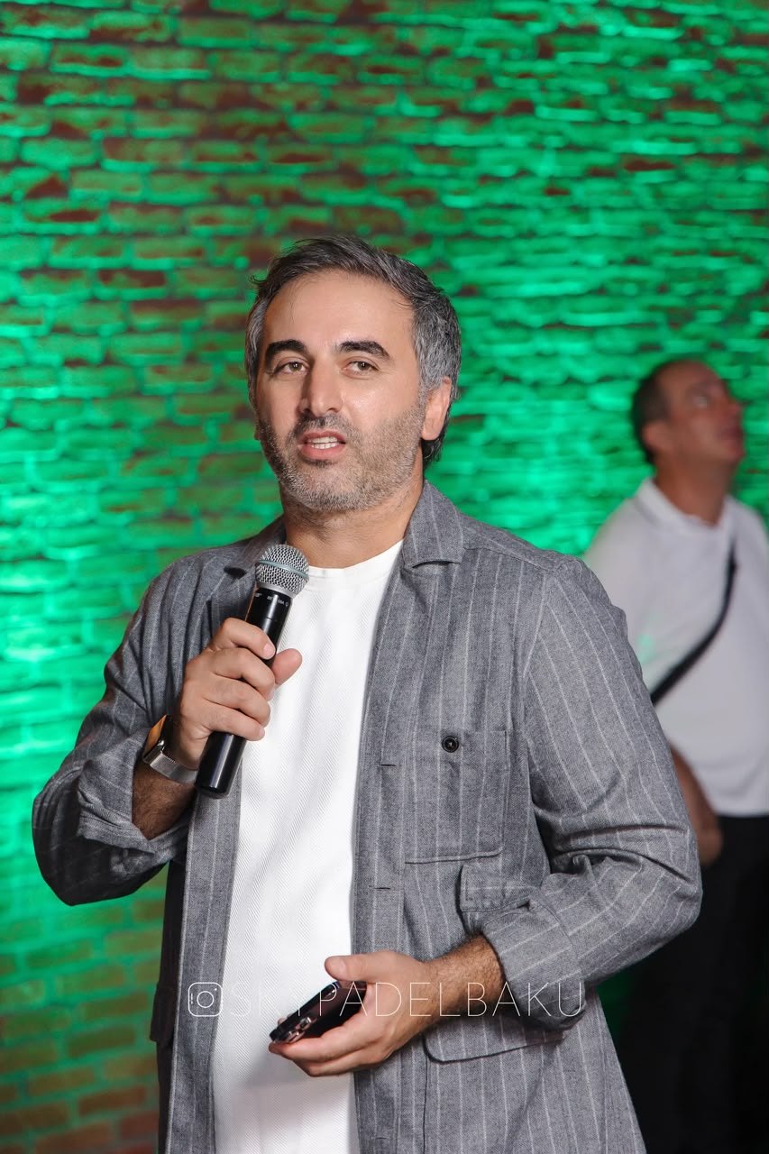 Vugar Astanov, founder and CEO of Sky Logistics, speaking at the opening of Sky Padel